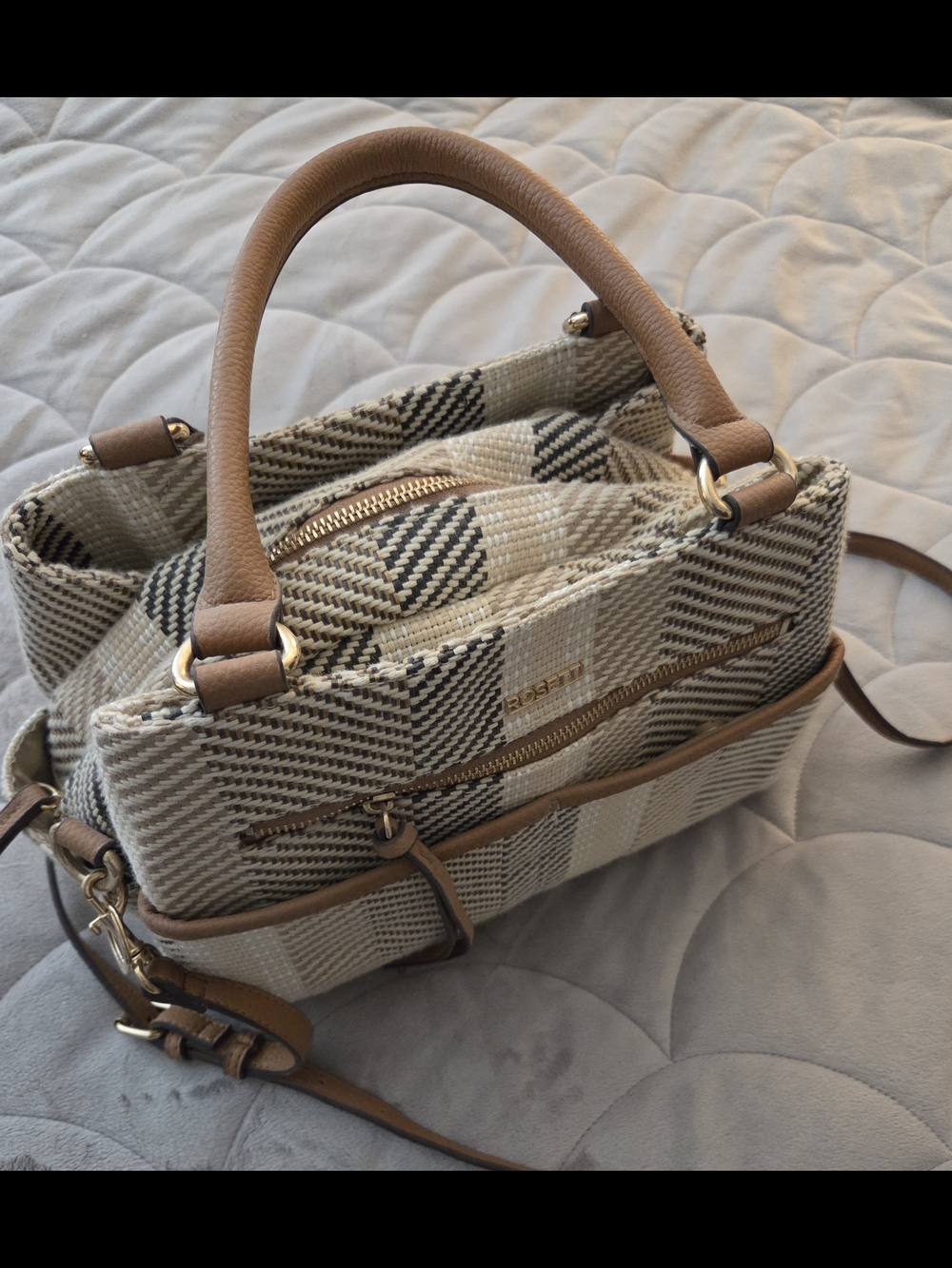 Rosetti Beige and Brown Plaid Satchel